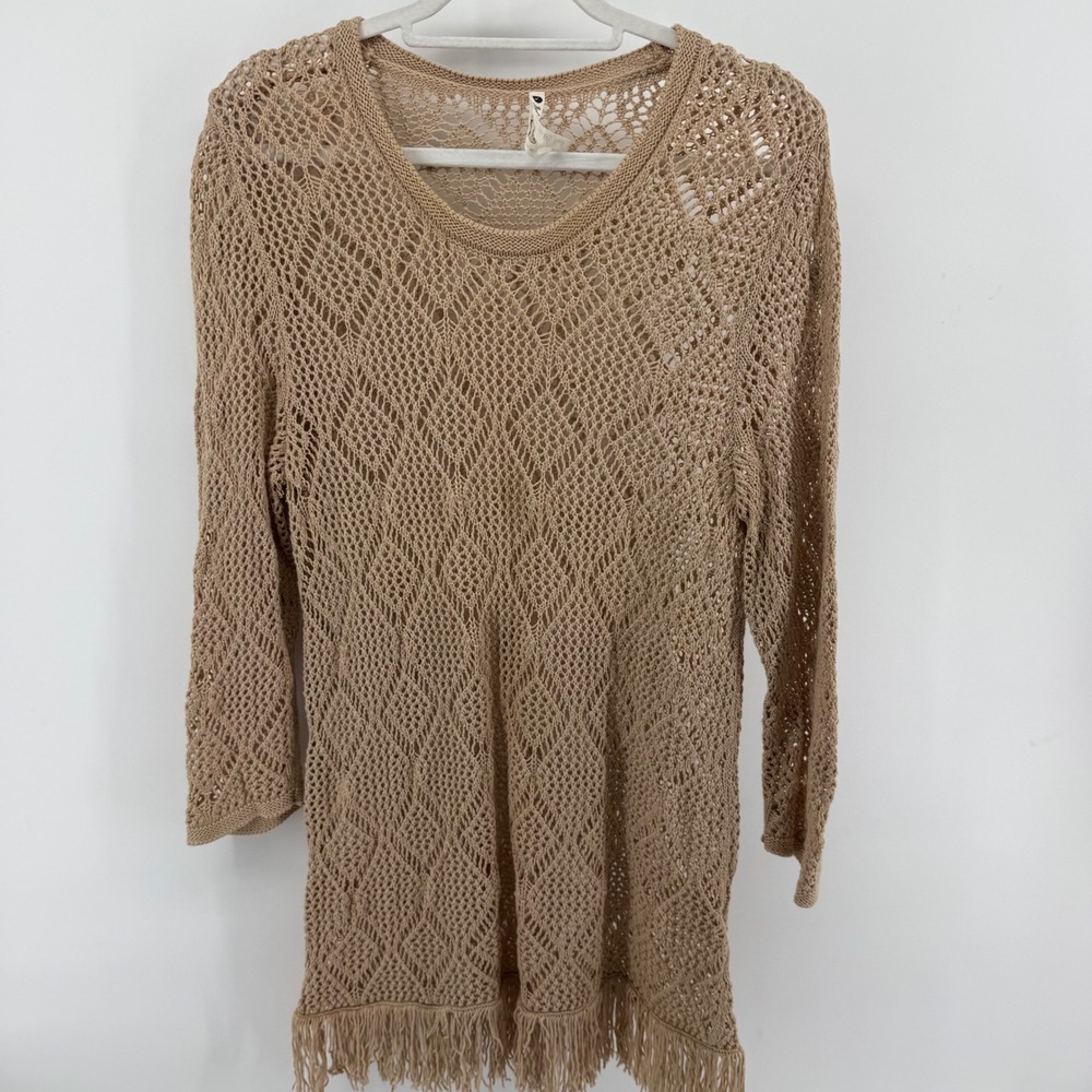Leo & Nicole Women's Large Tan Crochet Fringe Tunic Top Cover Up Boho Coastal